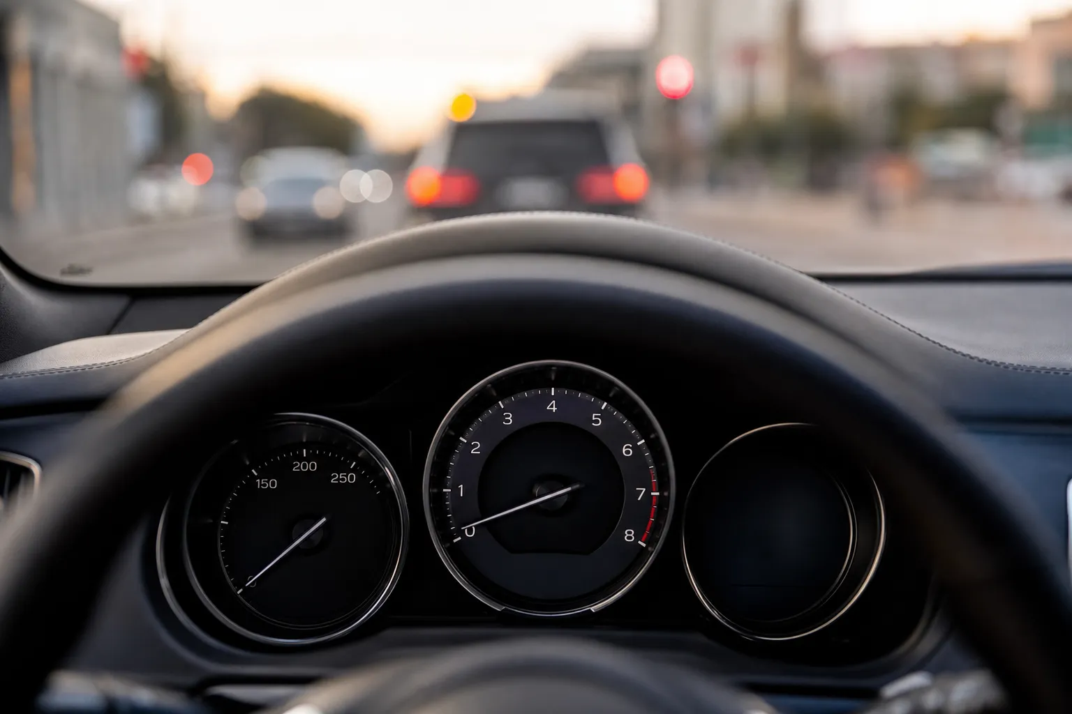 Tableau de bord d'une voiture avec le compte-tours au ralenti, moteur en marche