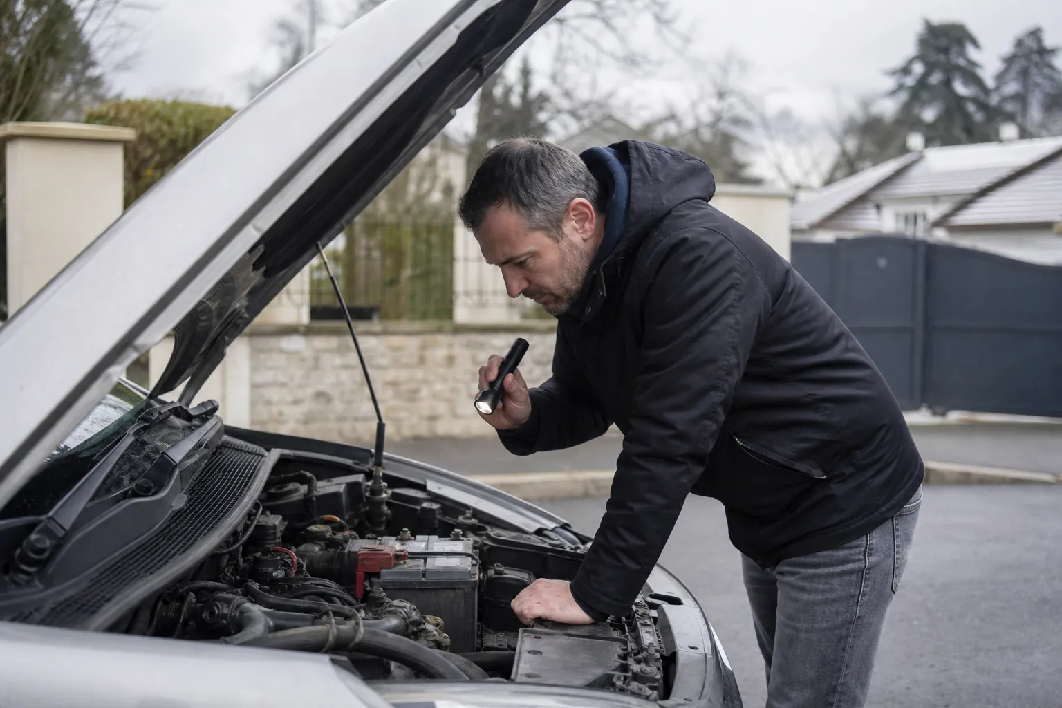 Automobiliste examinant la batterie sous le capot ouvert de sa voiture à l’aide d’une lampe torche