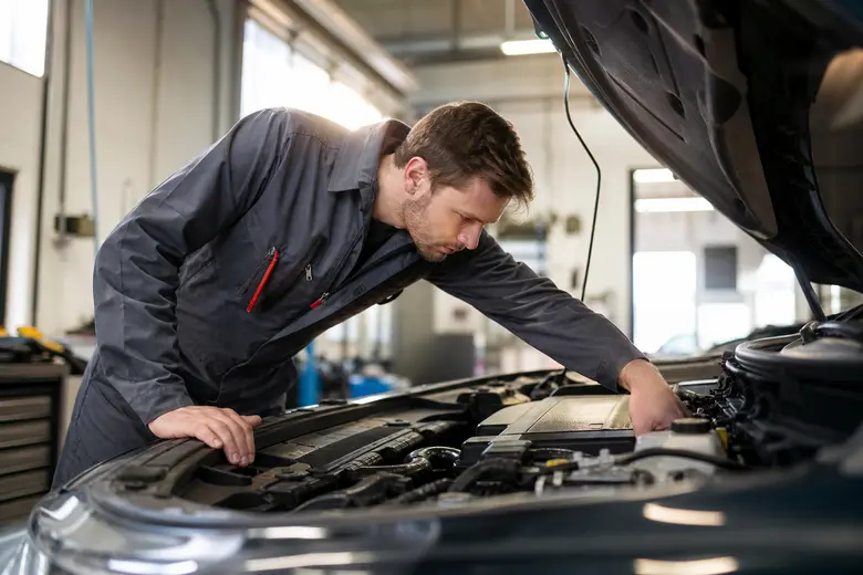 Capot ouvert d'une voiture avec un mécanicien inspectant le compartiment moteur pour une fuite de carburant