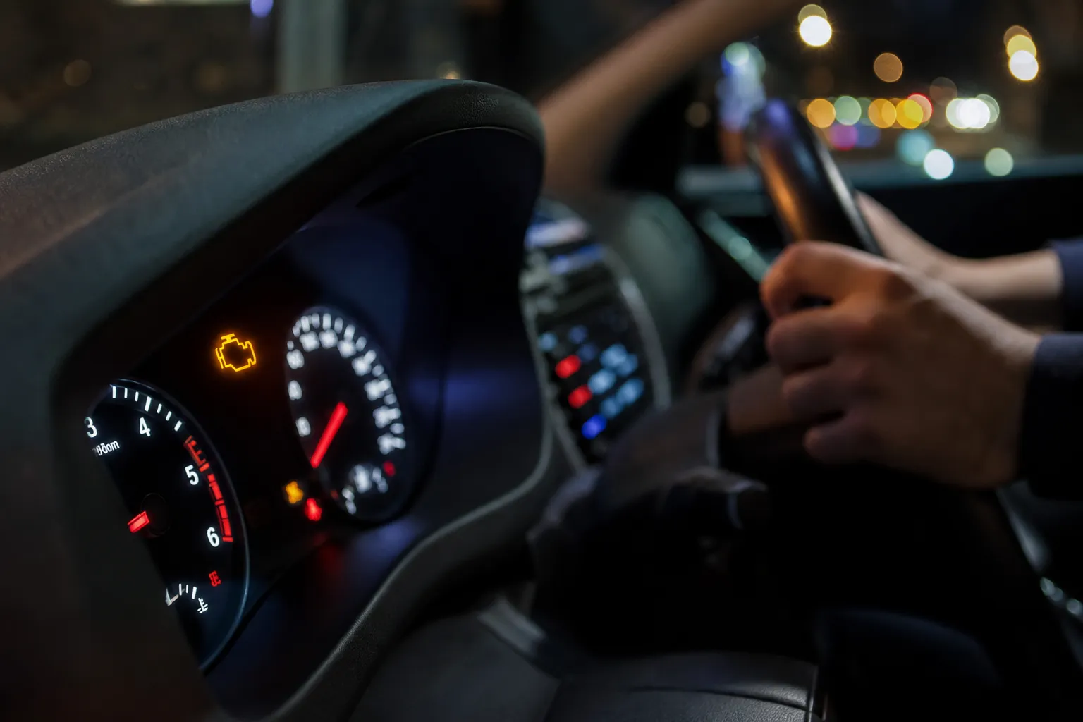 Voyant moteur orange allumé sur le tableau de bord d’une voiture, mains du conducteur sur le volant