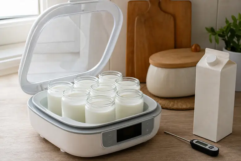 Yaourtière électrique ouverte avec des pots de yaourts maison, un thermomètre de cuisine et une brique de lait posés à côté